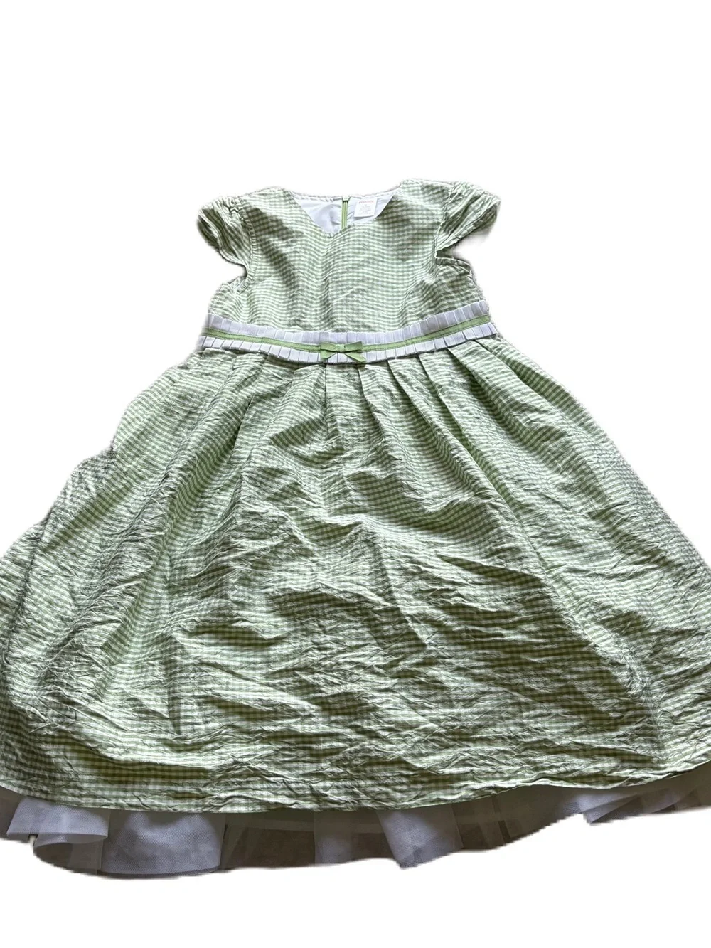Gymboree Green and White Gingham Party Dress Sz 10 100% Silk Kids Tulle Layer